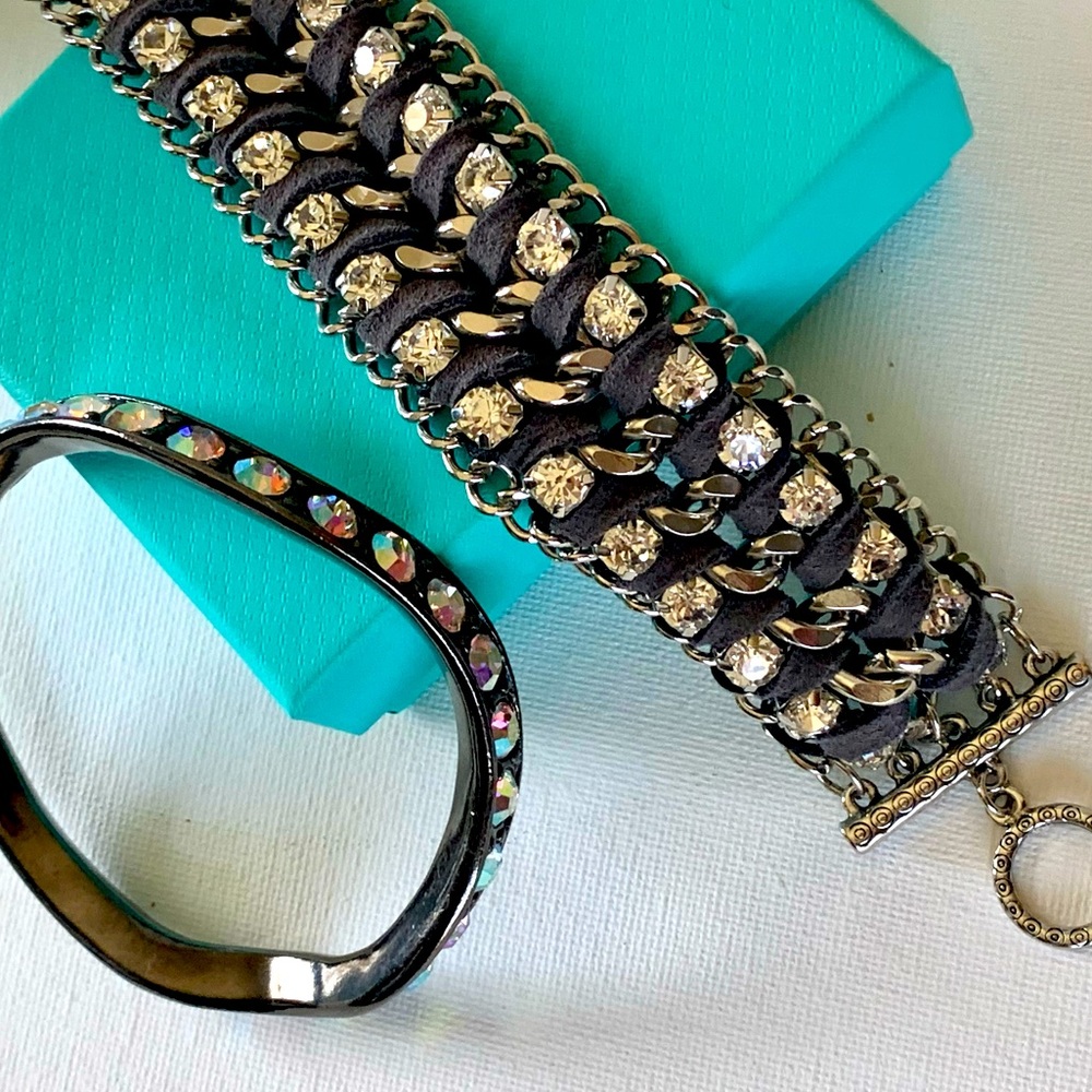 Sparkly bracelets. Suede runs in silver-tone mesh w/rhinestones. Vintage bangle.